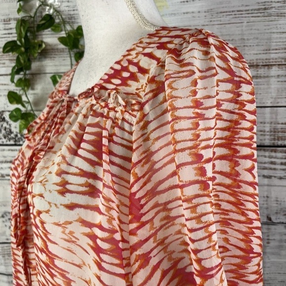 Nine West Blouse size Extra Large Orange Pink Sheer Ruffle Button Front Peasant - Picture 10 of 13